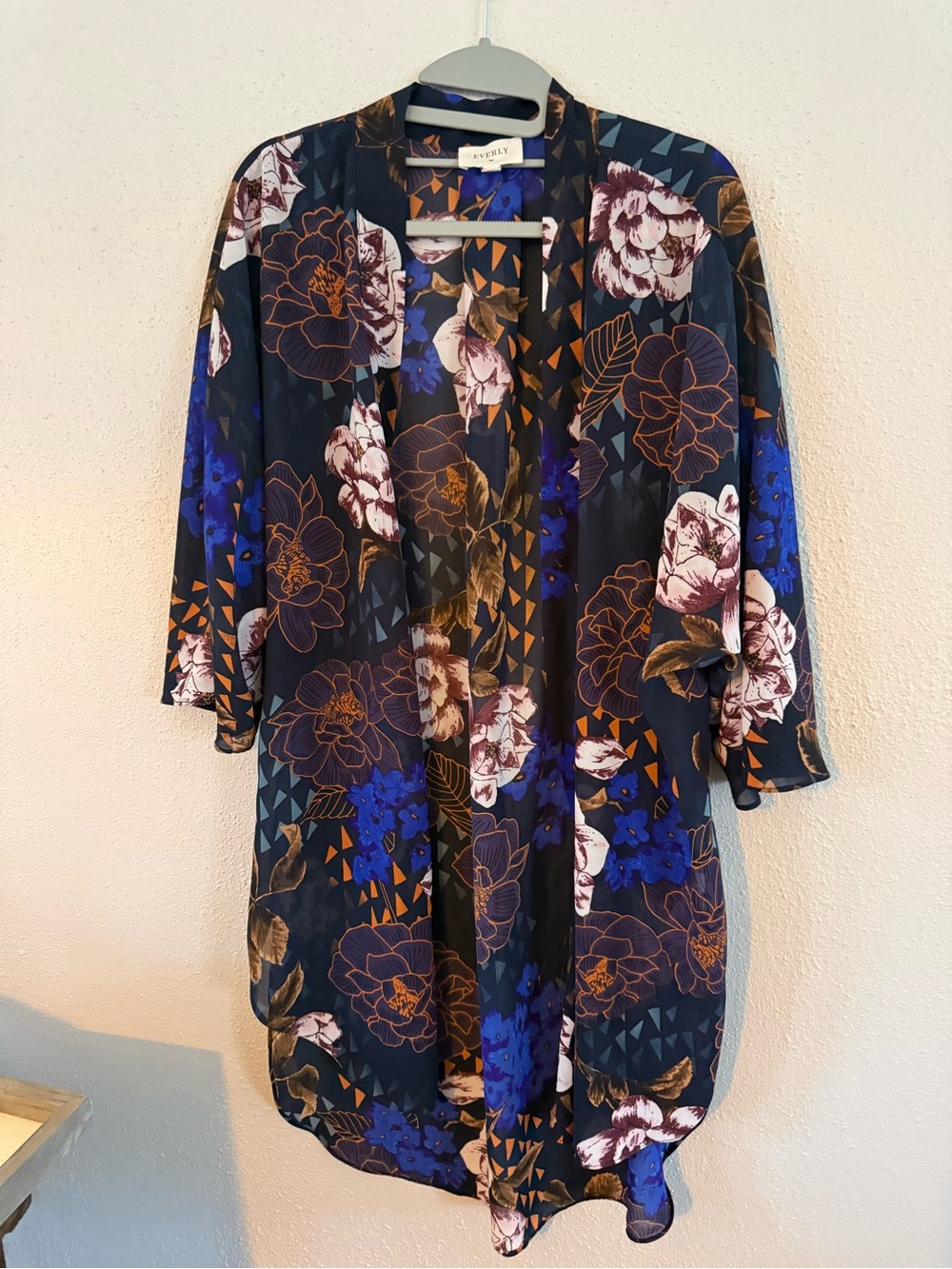 Everly Navy Floral Open Kimono with Rust and Blue Accents